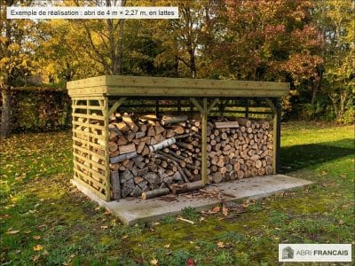Abri à bûches 4 m × 2,27 m, adossé, avec gouttière – mise en situation