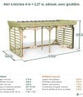 Abri à bûches 4 m × 2,27 m, adossé, avec gouttière – cotes extérieures et intérieures
