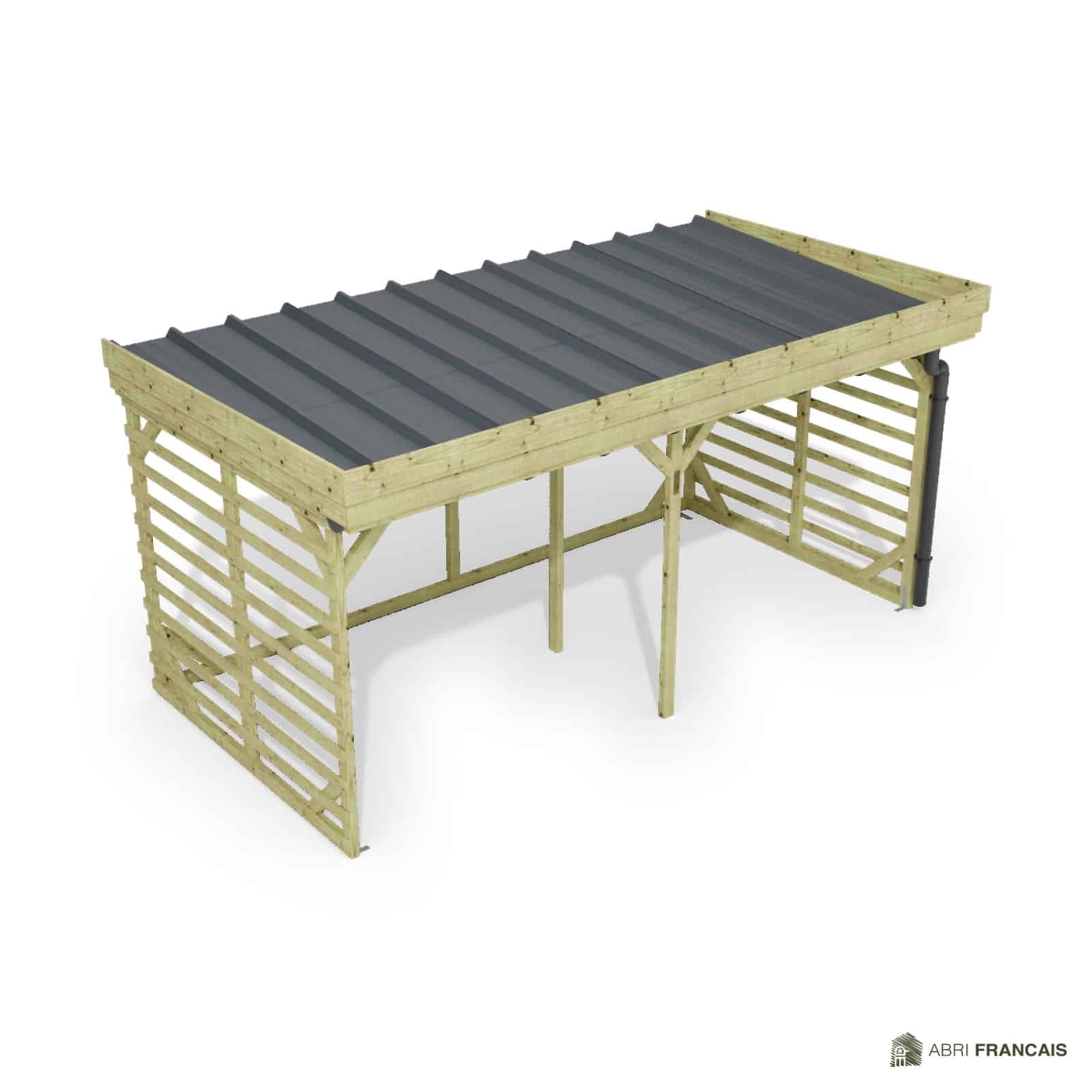 Abri à bûches 4 m × 2,27 m, adossé, avec gouttière – vue du toit en bac acier