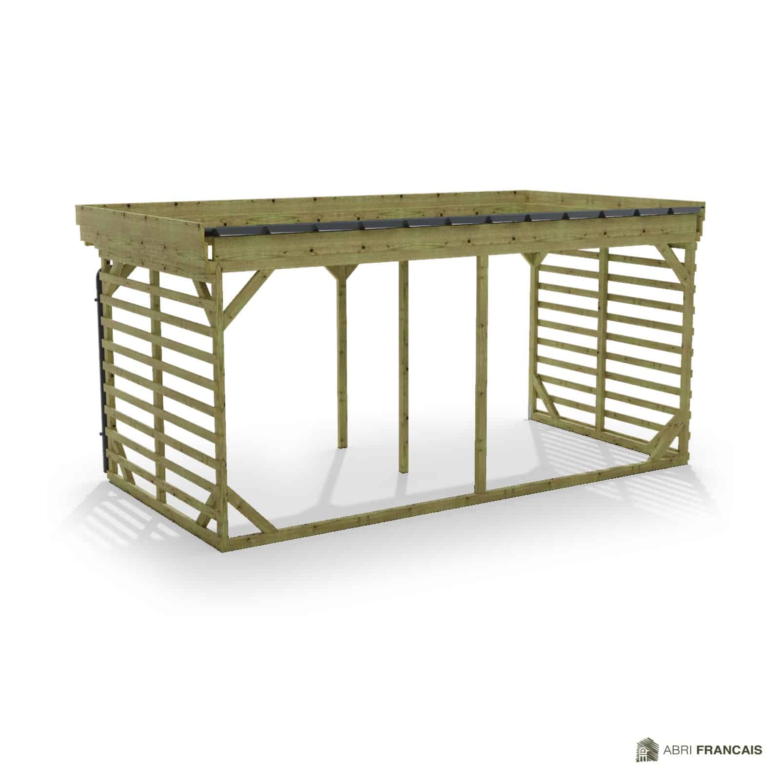 Abri à bûches 4 m × 2,27 m, adossé, avec gouttière – vue arrière, fond et côtés