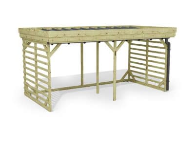 Abri à bûches 4 m × 2,27 m, avec gouttière – rendu 3D sur fond blanc
