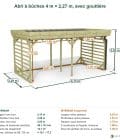 Abri à bûches 4 m × 2,27 m, avec gouttière – cotes extérieures et intérieures