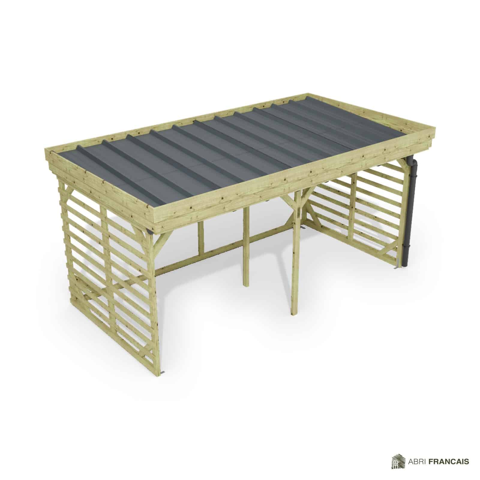 Abri à bûches 4 m × 2,27 m, avec gouttière – vue du toit en bac acier