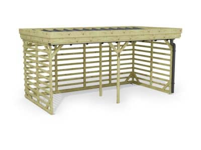 Abri à bûches 4 m × 2,27 m, avec gouttière – rendu 3D sur fond blanc