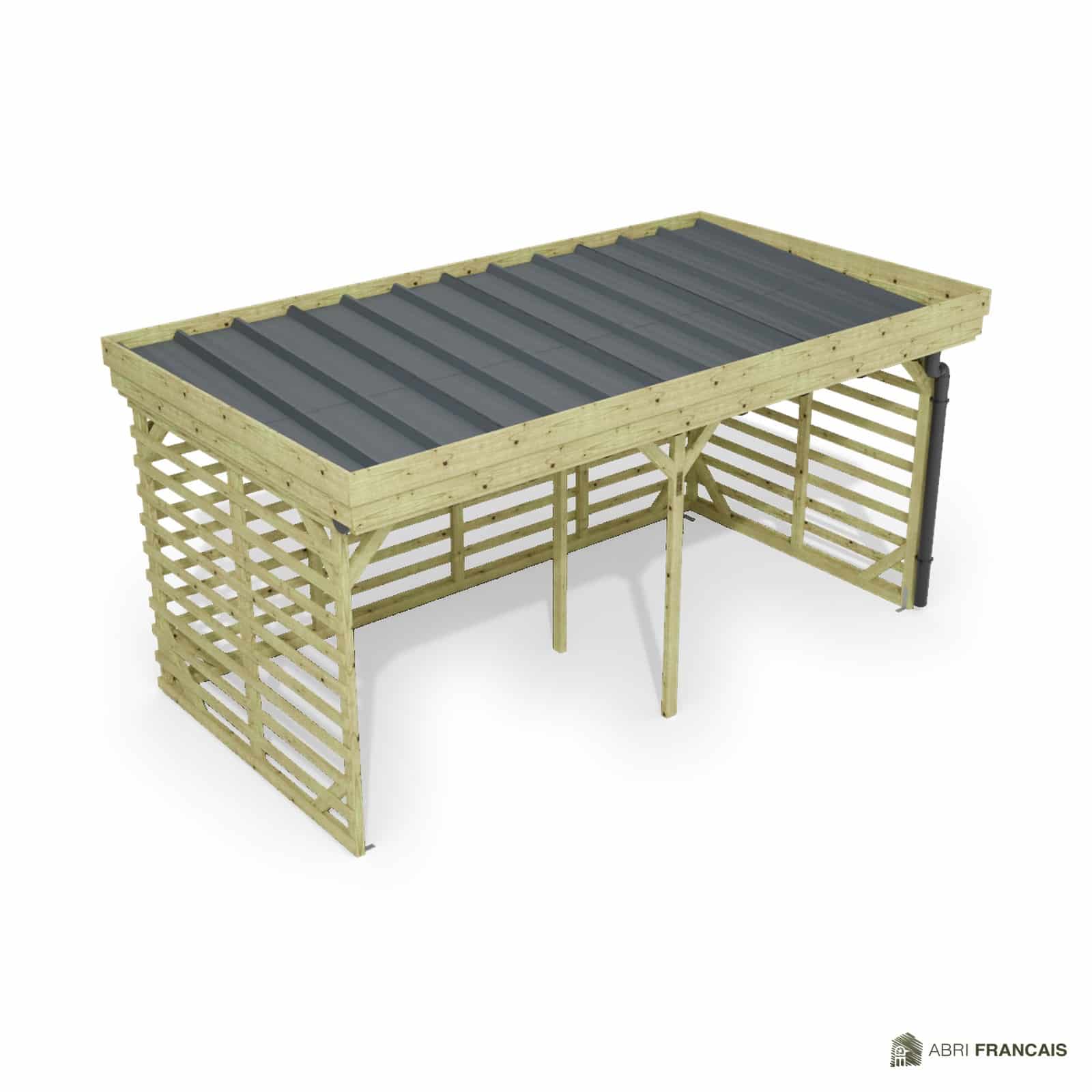 Abri à bûches 4 m × 2,27 m, avec gouttière – vue du toit en bac acier