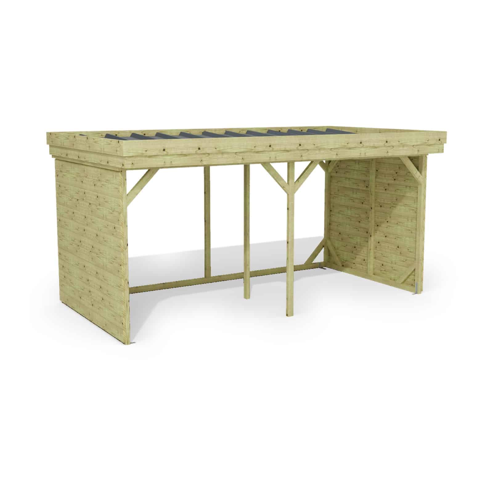 Abri à bûches 4 m × 2,27 m – rendu 3D sur fond blanc