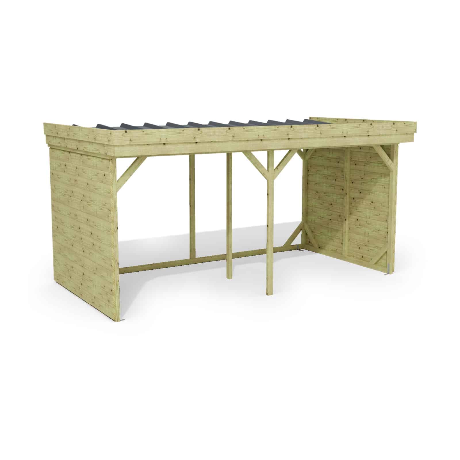 Abri à bûches 4 m × 2,27 m, adossé – rendu 3D sur fond blanc