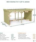 Abri à bûches 4 m × 2,27 m, adossé – cotes extérieures et intérieures