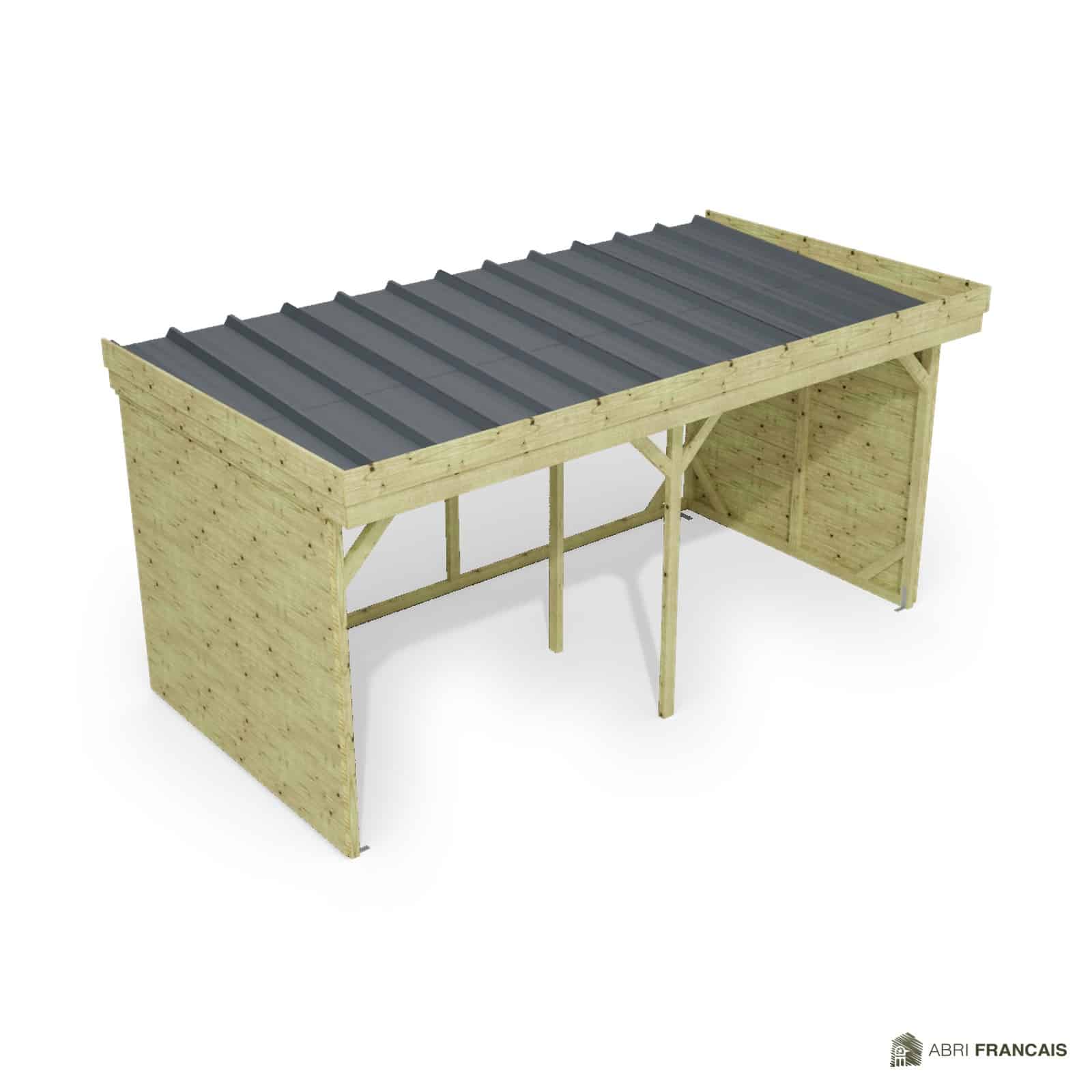 Abri à bûches 4 m × 2,27 m, adossé – vue du toit en bac acier