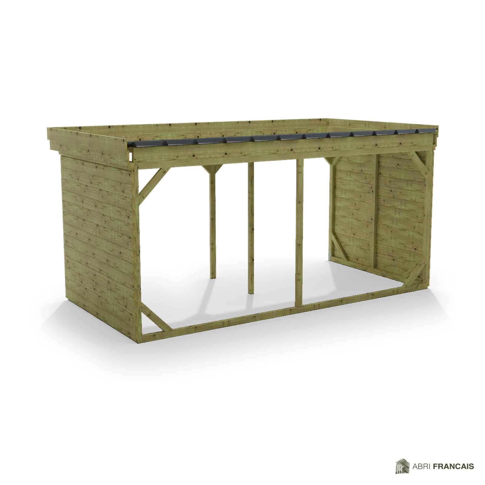 Abri à bûches 4 m × 2,27 m, adossé – vue arrière, fond et côtés