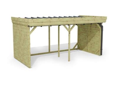 Abri à bûches 4 m × 2,27 m, adossé, avec gouttière – rendu 3D sur fond blanc