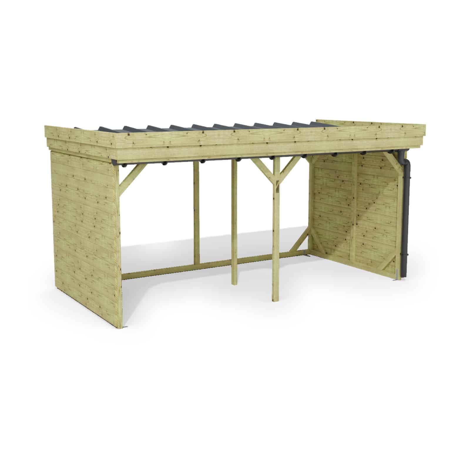 Abri à bûches 4 m × 2,27 m, adossé, avec gouttière – rendu 3D sur fond blanc