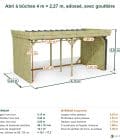 Abri à bûches 4 m × 2,27 m, adossé, avec gouttière – cotes extérieures et intérieures