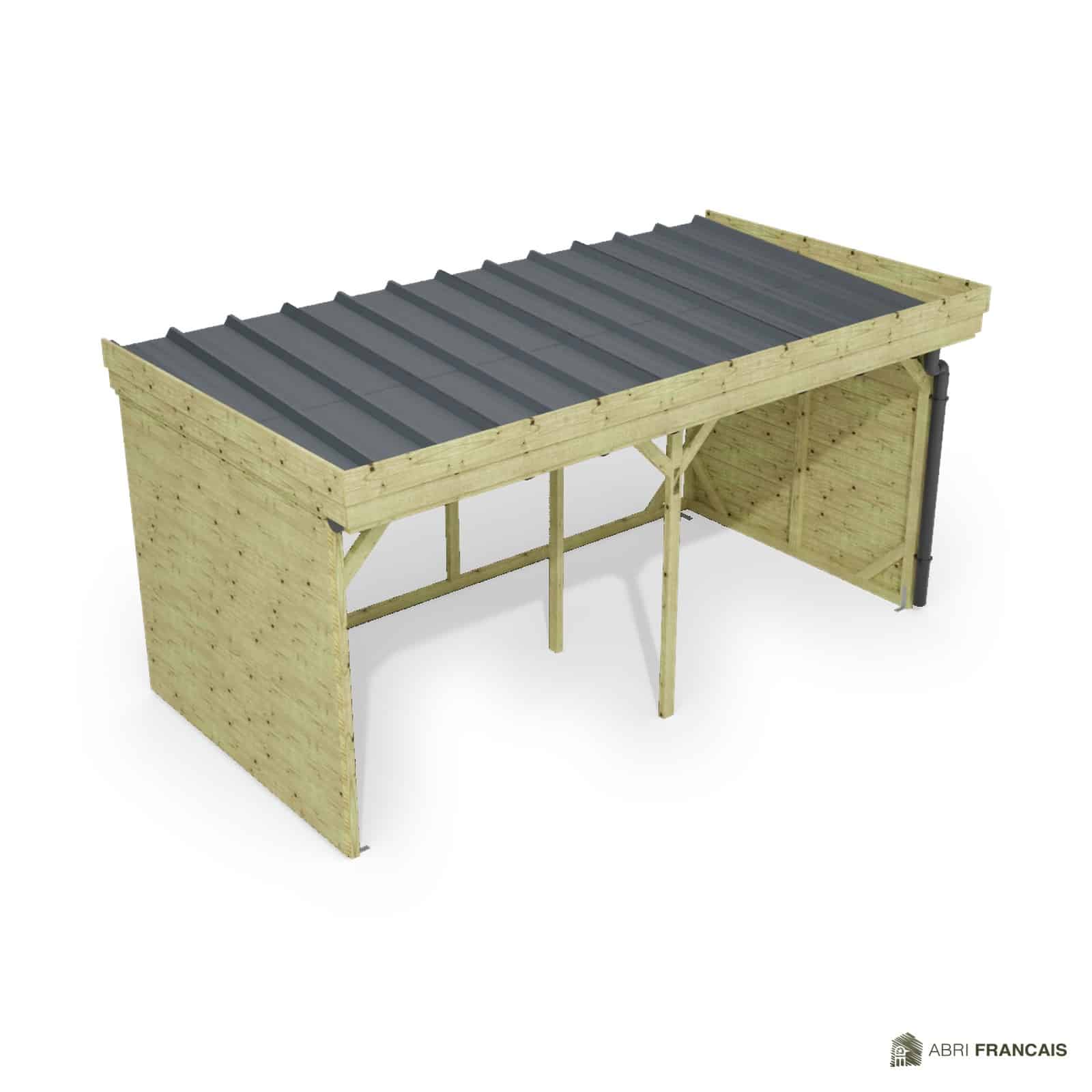 Abri à bûches 4 m × 2,27 m, adossé, avec gouttière – vue du toit en bac acier