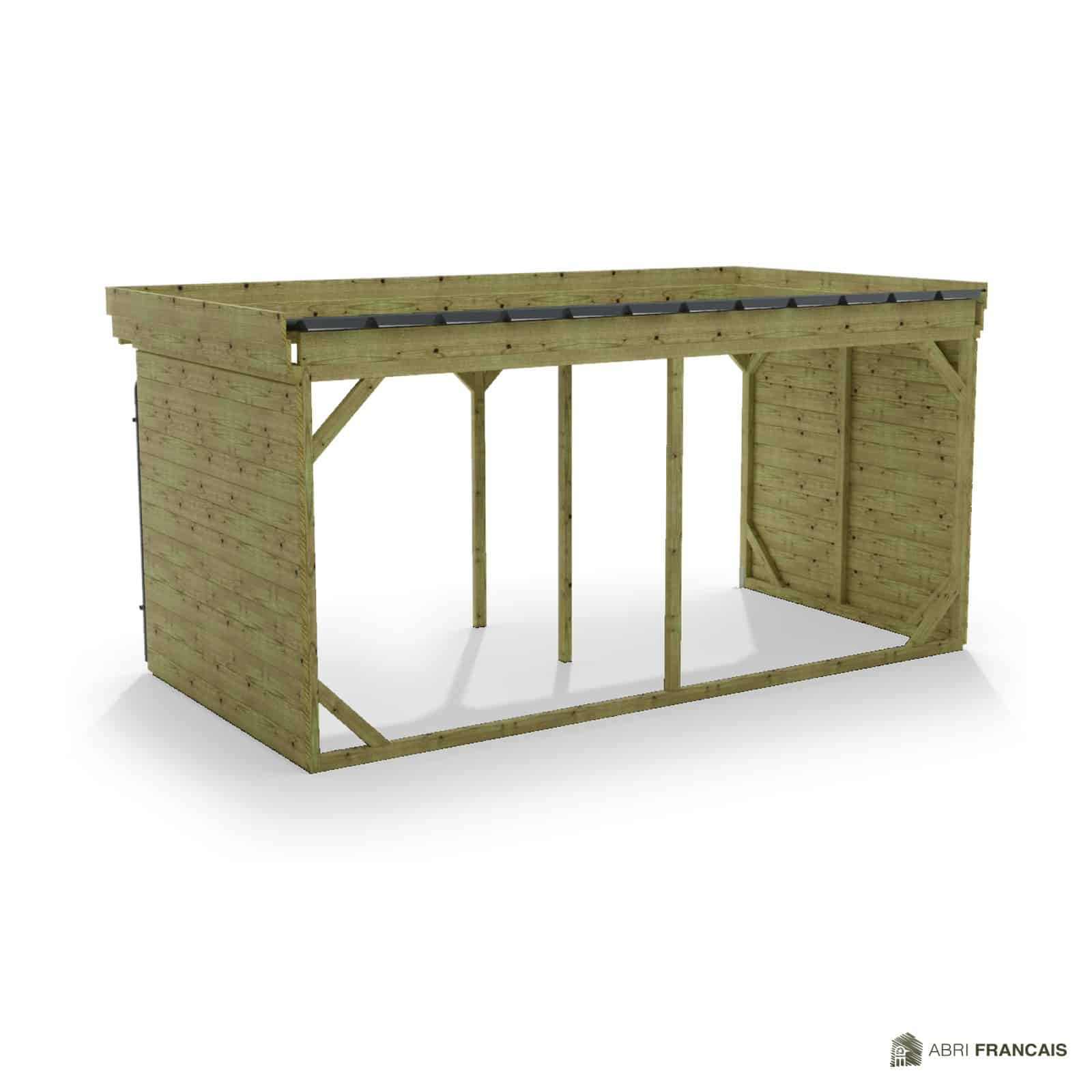 Abri à bûches 4 m × 2,27 m, adossé, avec gouttière – vue arrière, fond et côtés