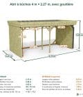 Abri à bûches 4 m × 2,27 m, avec gouttière – cotes extérieures et intérieures