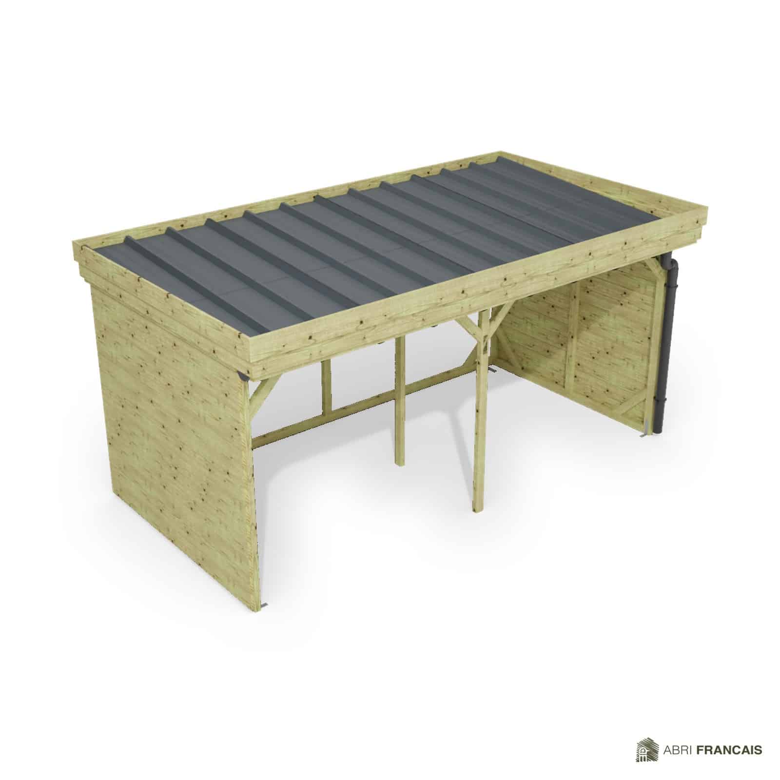 Abri à bûches 4 m × 2,27 m, avec gouttière – vue du toit en bac acier