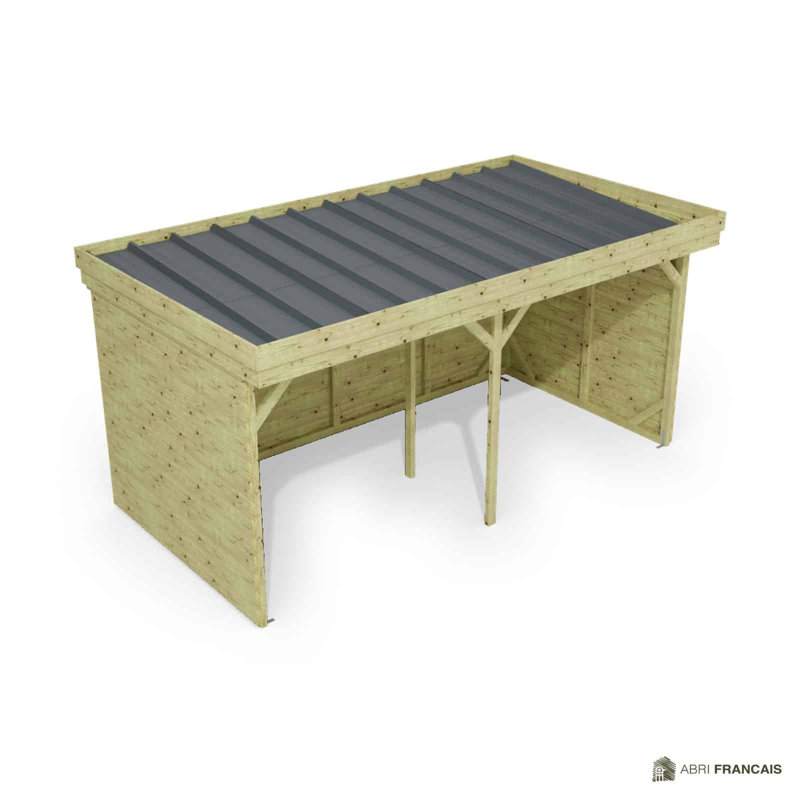 Abri à bûches 4 m × 2,27 m – vue du toit en bac acier
