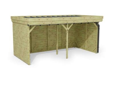 Abri à bûches 4 m × 2,27 m, avec gouttière – rendu 3D sur fond blanc