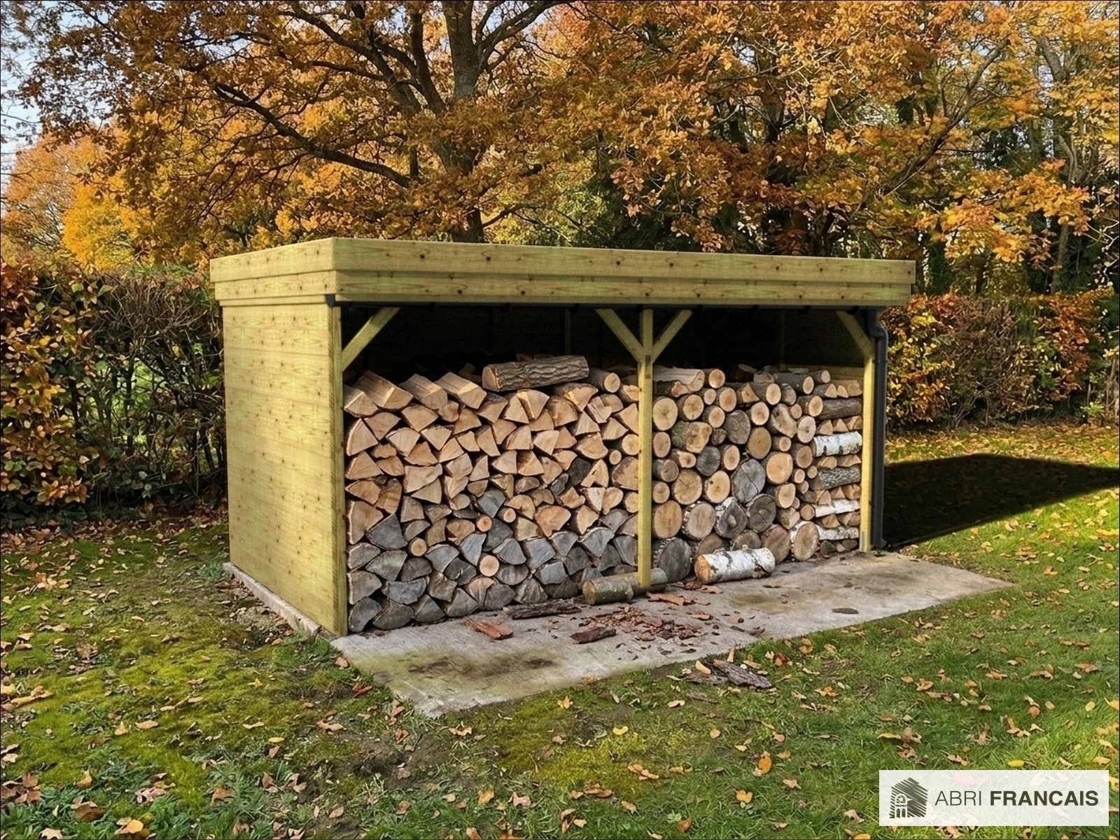 Abri à bûches 4 m × 2,27 m, avec gouttière – mise en situation