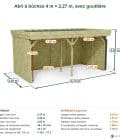 Abri à bûches 4 m × 2,27 m, avec gouttière – cotes extérieures et intérieures