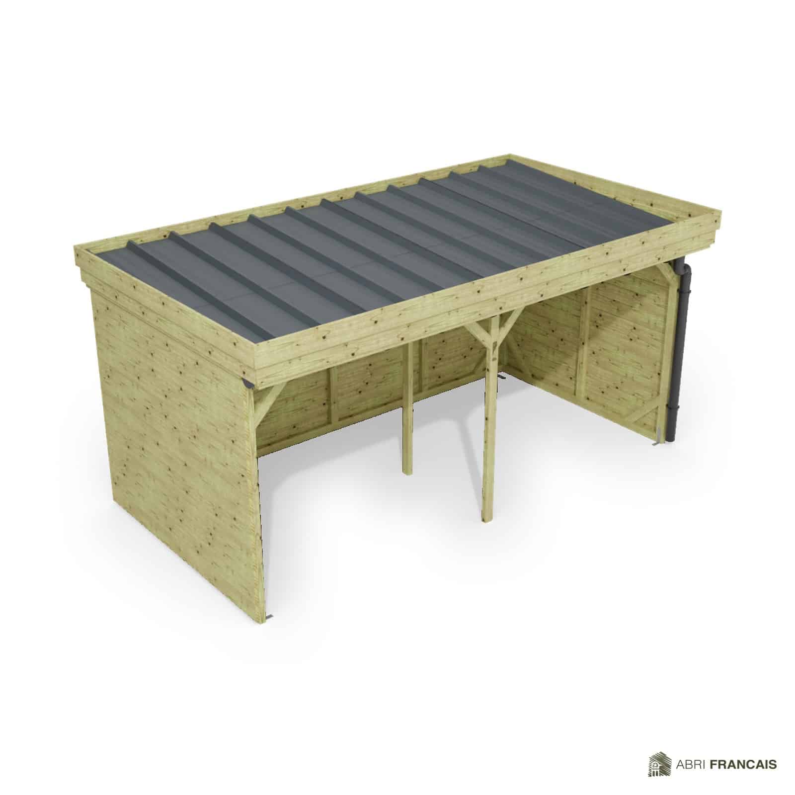 Abri à bûches 4 m × 2,27 m, avec gouttière – vue du toit en bac acier