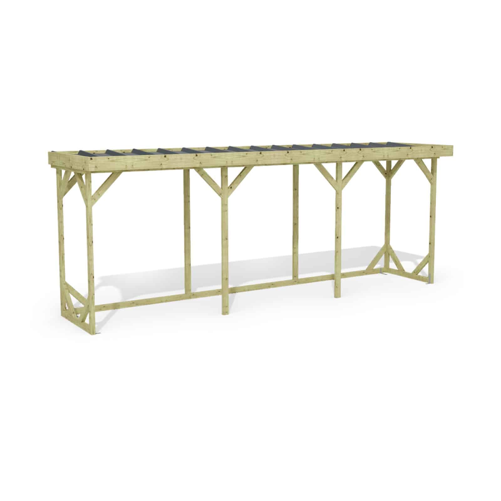 Abri à bûches 5 m × 1,30 m – rendu 3D sur fond blanc