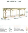Abri à bûches 5 m × 1,30 m – cotes extérieures et intérieures