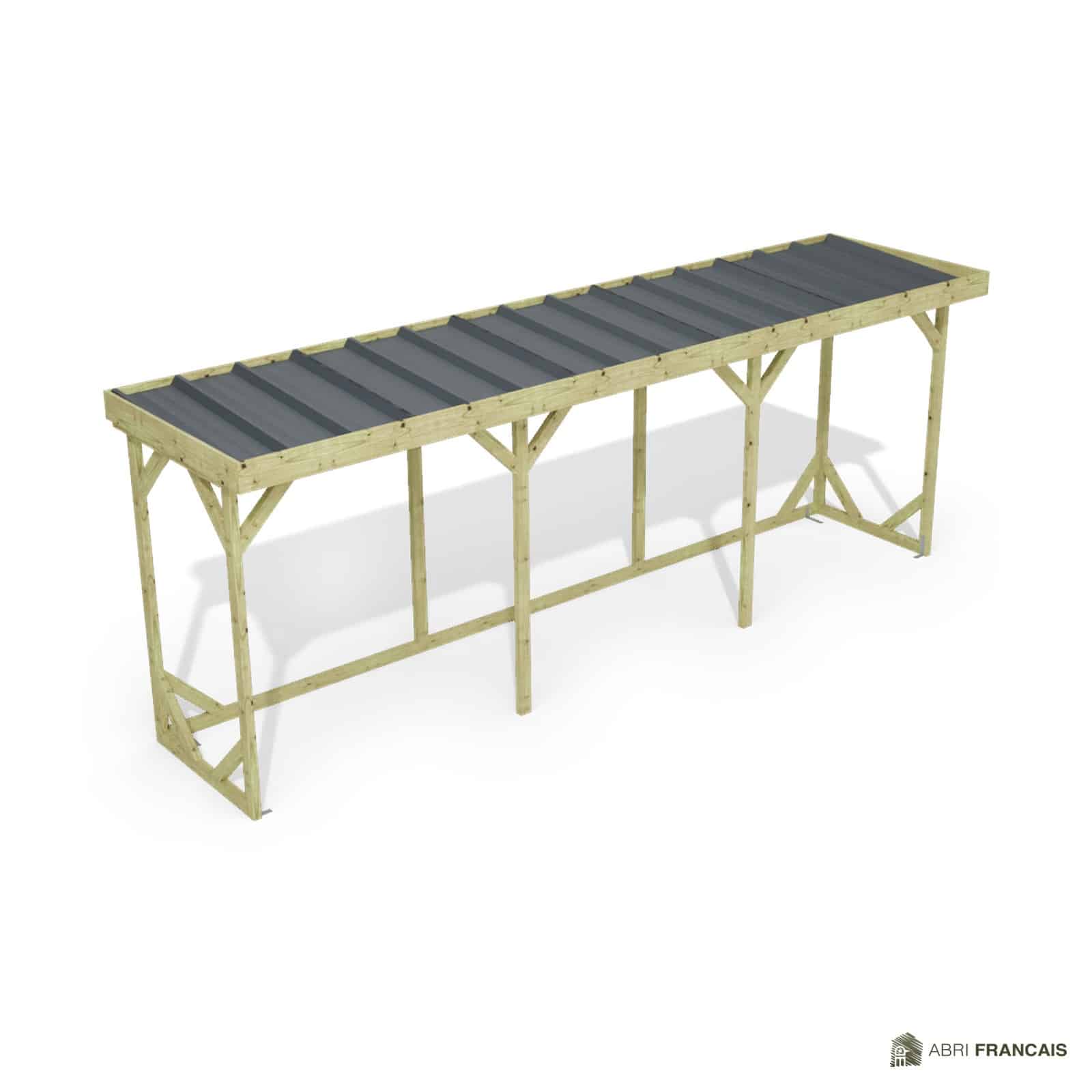 Abri à bûches 5 m × 1,30 m – vue du toit en bac acier