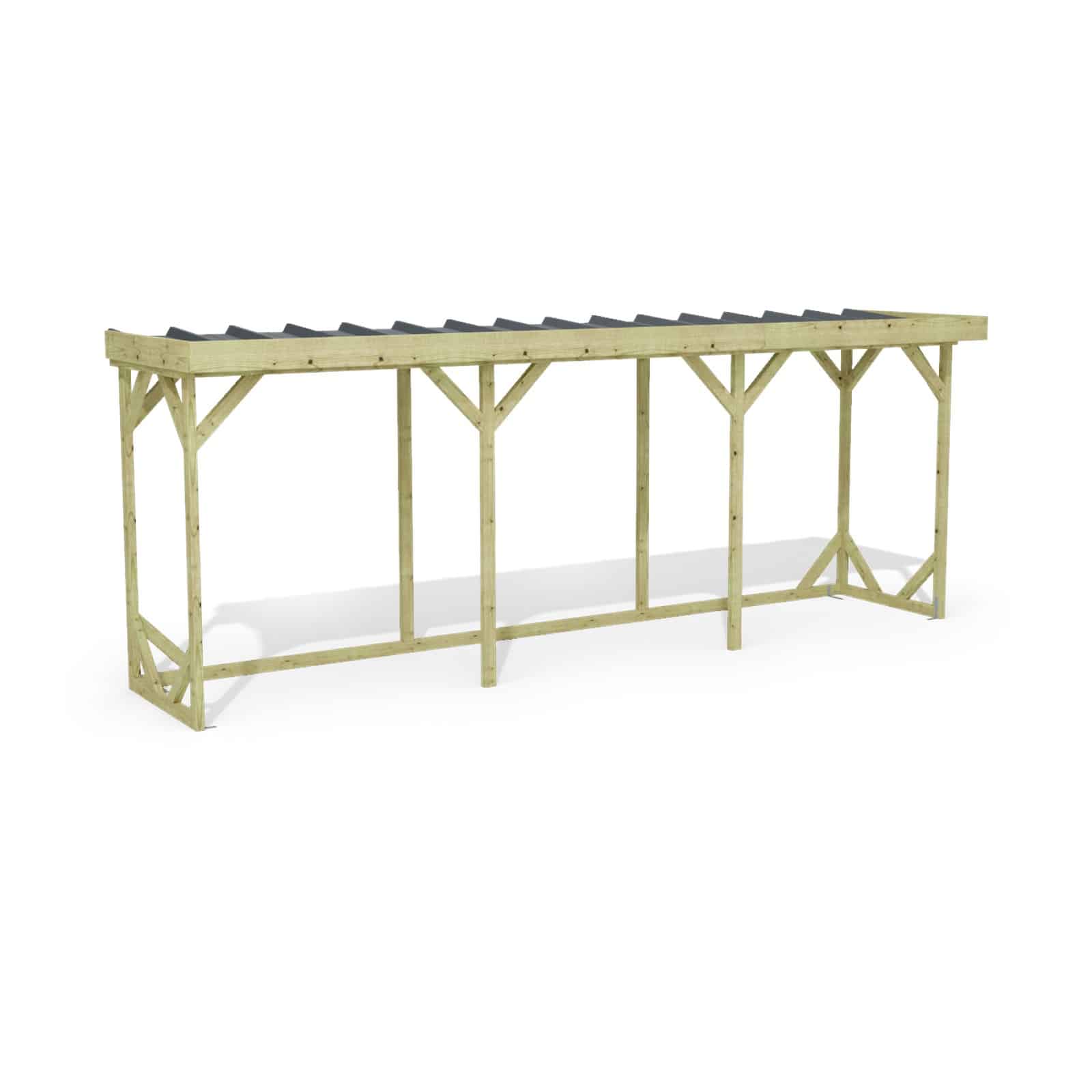 Abri à bûches 5 m × 1,30 m, adossé – rendu 3D sur fond blanc