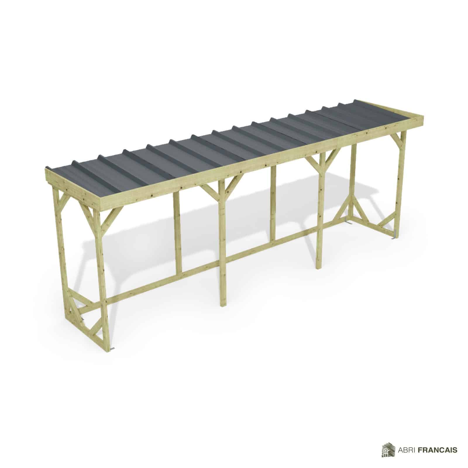 Abri à bûches 5 m × 1,30 m, adossé – vue du toit en bac acier