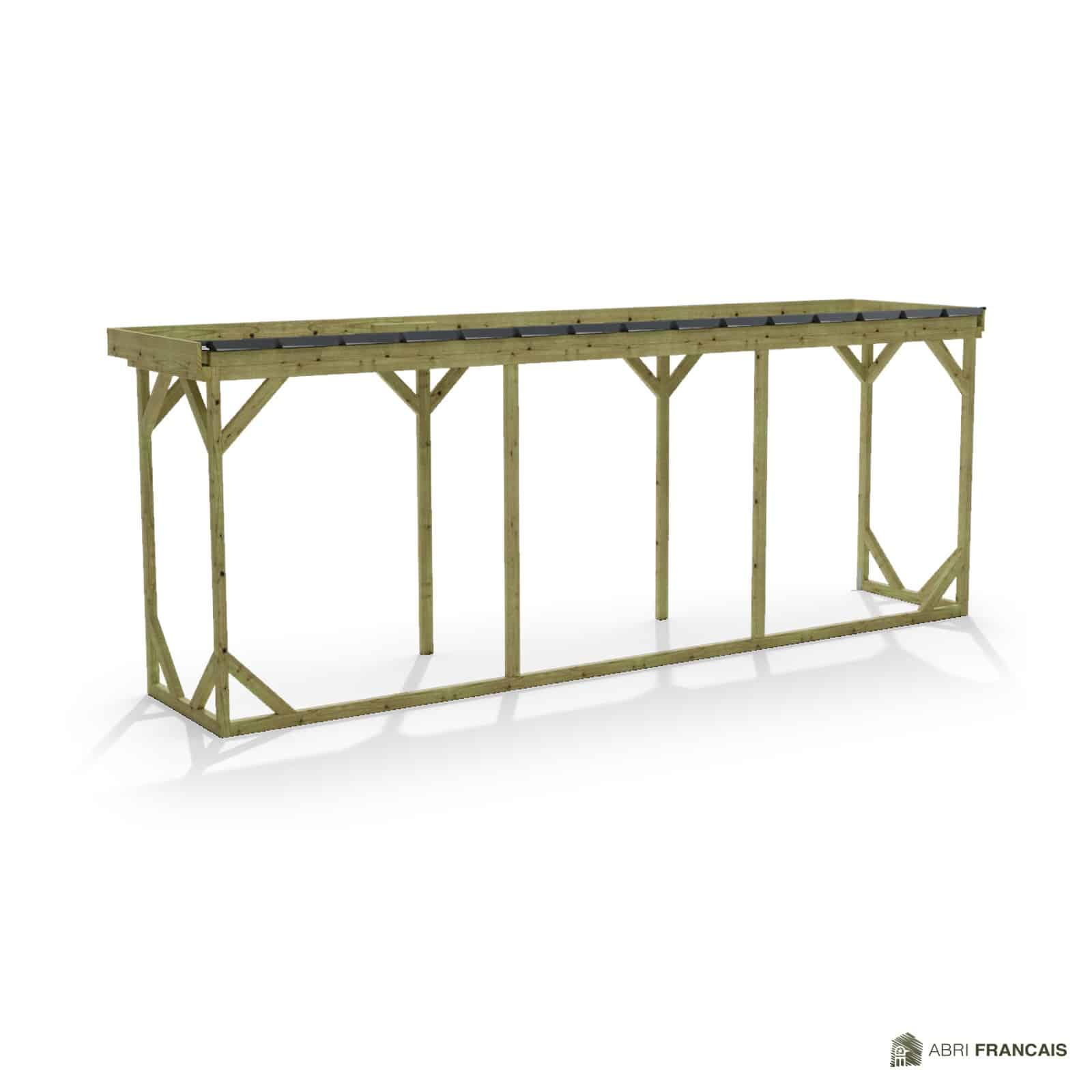 Abri à bûches 5 m × 1,30 m, adossé – vue arrière, fond et côtés