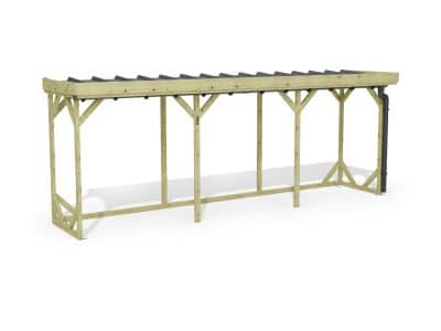 Abri à bûches 5 m × 1,30 m, adossé, avec gouttière – rendu 3D sur fond blanc