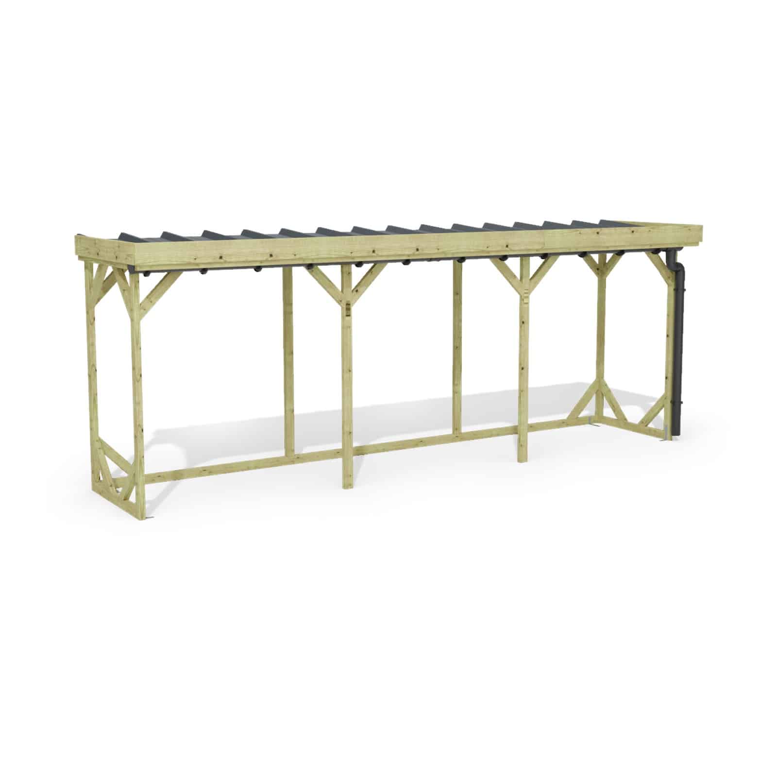 Abri à bûches 5 m × 1,30 m, adossé, avec gouttière – rendu 3D sur fond blanc