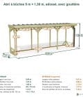 Abri à bûches 5 m × 1,30 m, adossé, avec gouttière – cotes extérieures et intérieures
