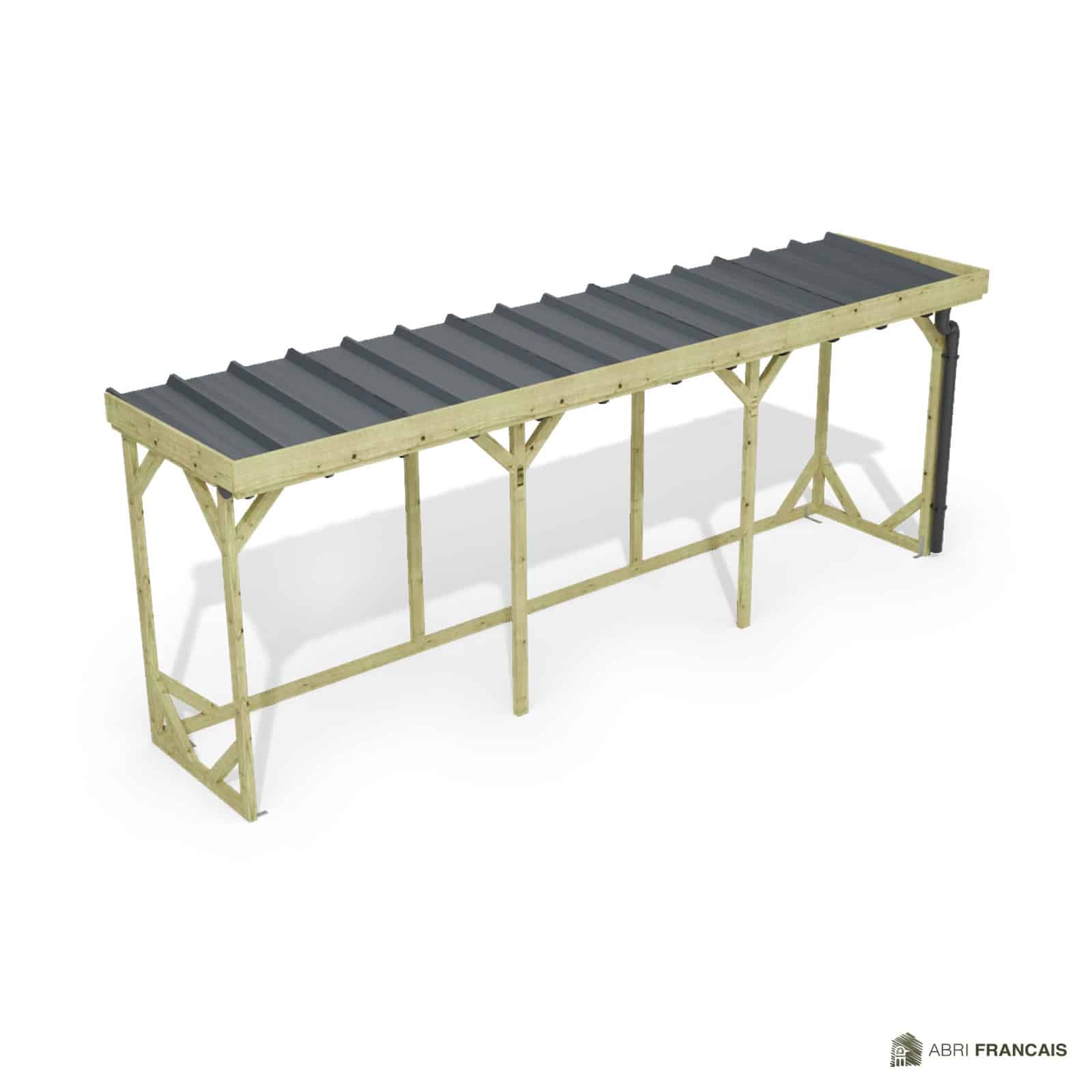 Abri à bûches 5 m × 1,30 m, adossé, avec gouttière – vue du toit en bac acier