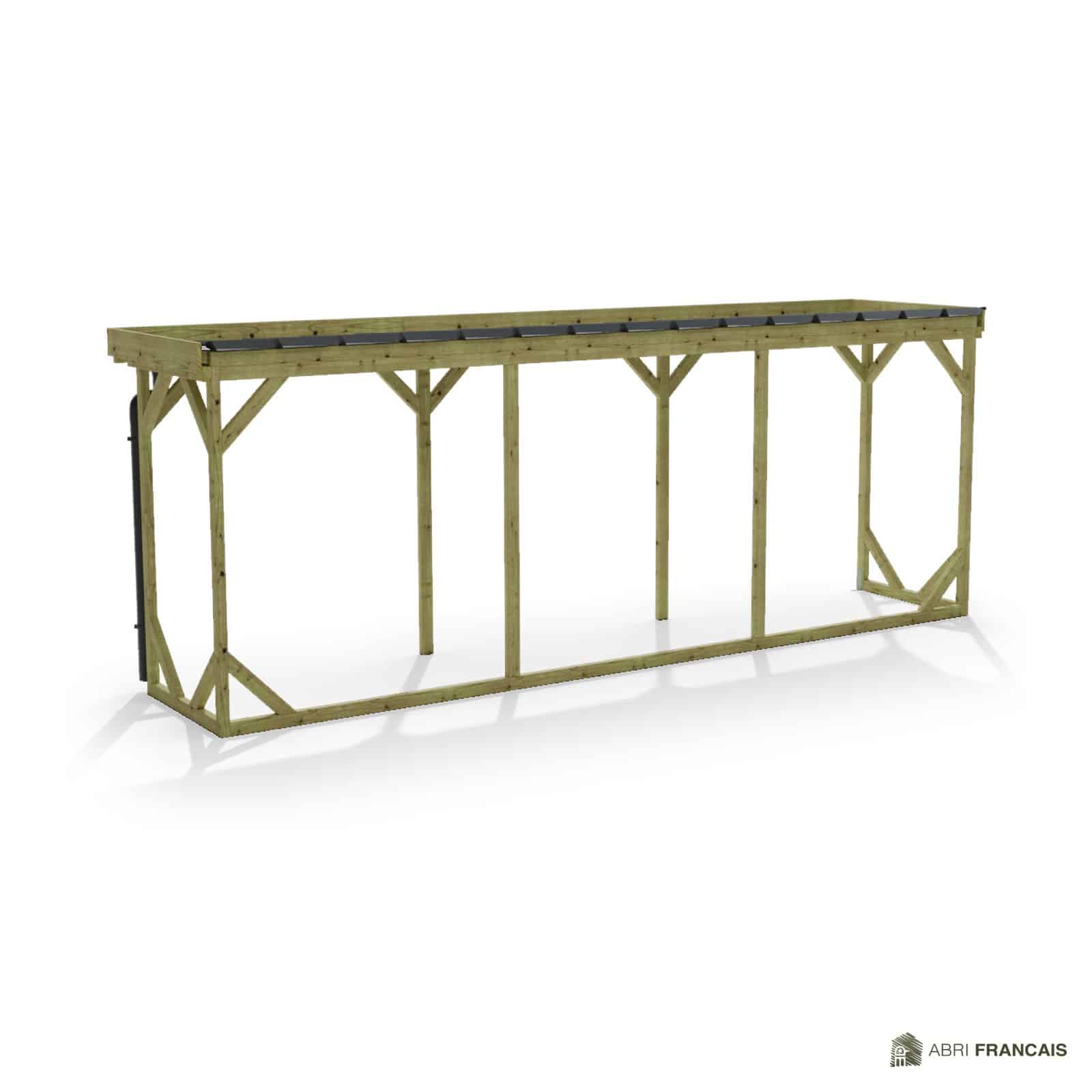 Abri à bûches 5 m × 1,30 m, adossé, avec gouttière – vue arrière, fond et côtés