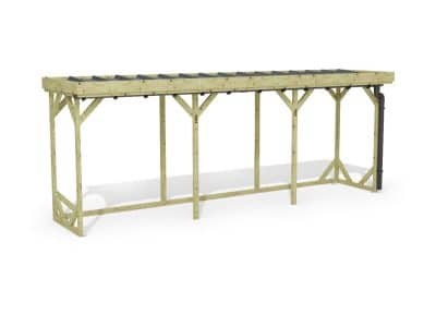 Abri à bûches 5 m × 1,30 m, avec gouttière – rendu 3D sur fond blanc