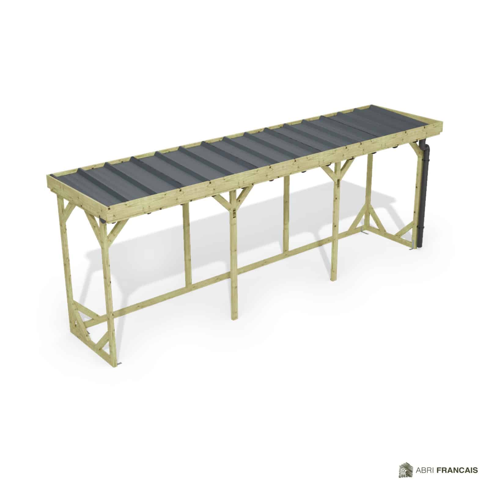 Abri à bûches 5 m × 1,30 m, avec gouttière – vue du toit en bac acier