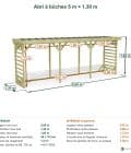 Abri à bûches 5 m × 1,30 m – cotes extérieures et intérieures