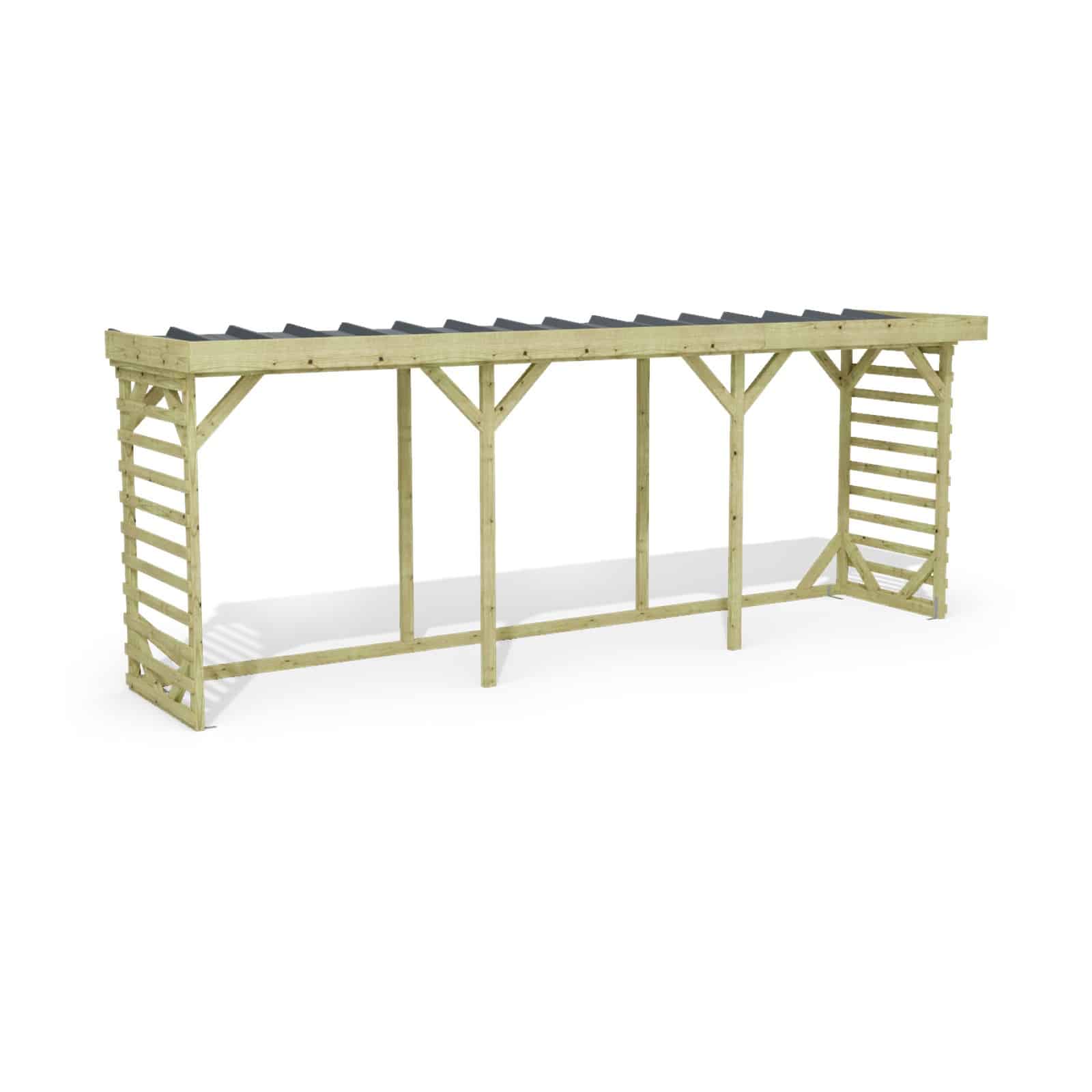 Abri à bûches 5 m × 1,30 m, adossé – rendu 3D sur fond blanc