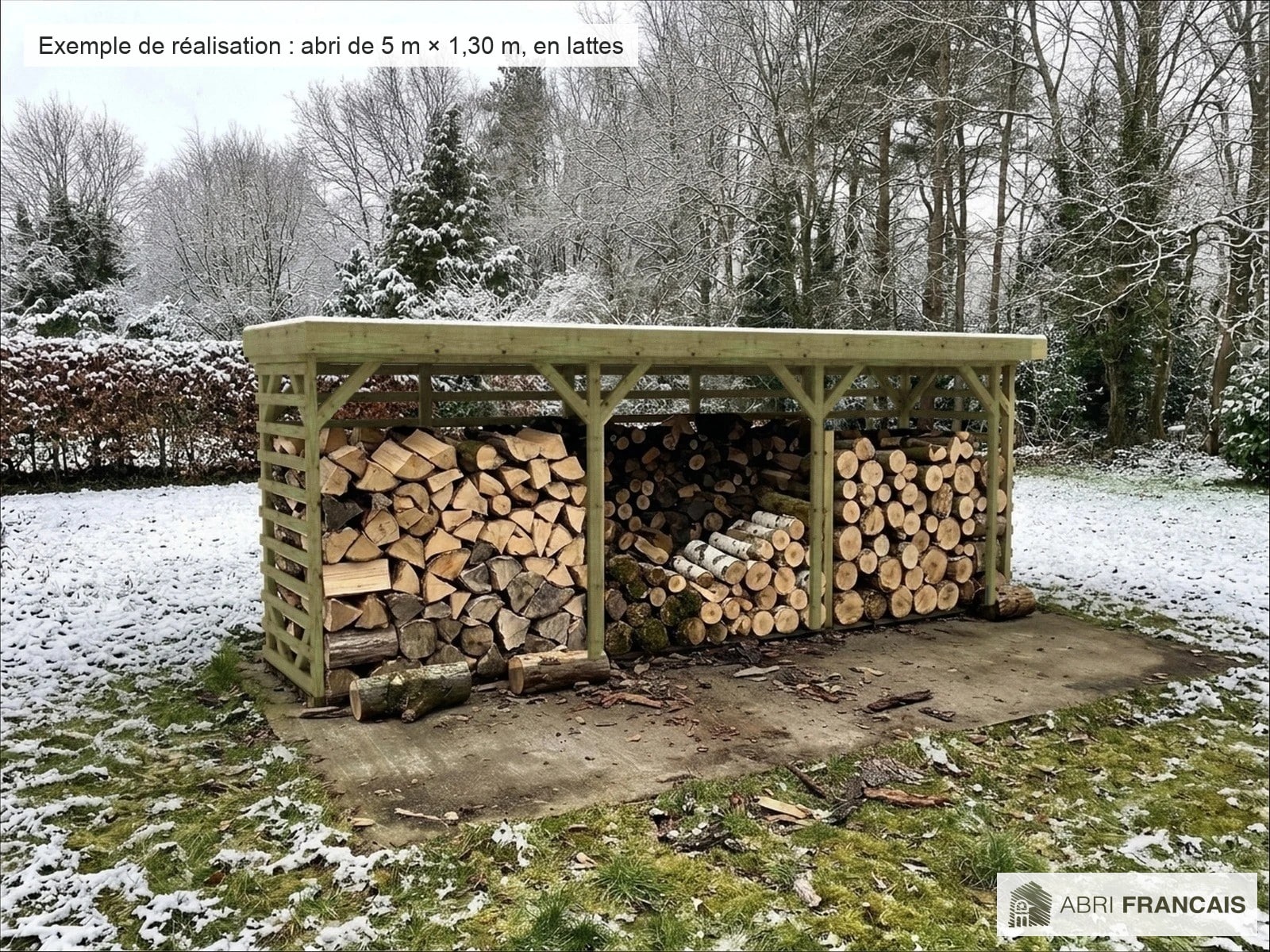 Abri à bûches 5 m × 1,30 m, adossé – mise en situation