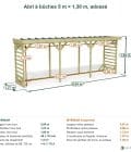Abri à bûches 5 m × 1,30 m, adossé – cotes extérieures et intérieures