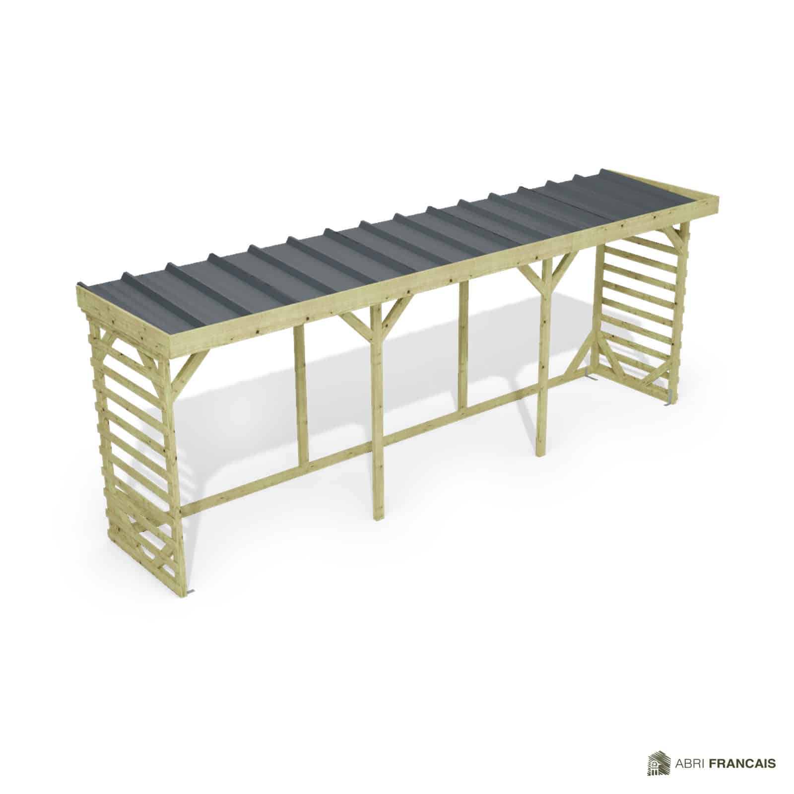 Abri à bûches 5 m × 1,30 m, adossé – vue du toit en bac acier