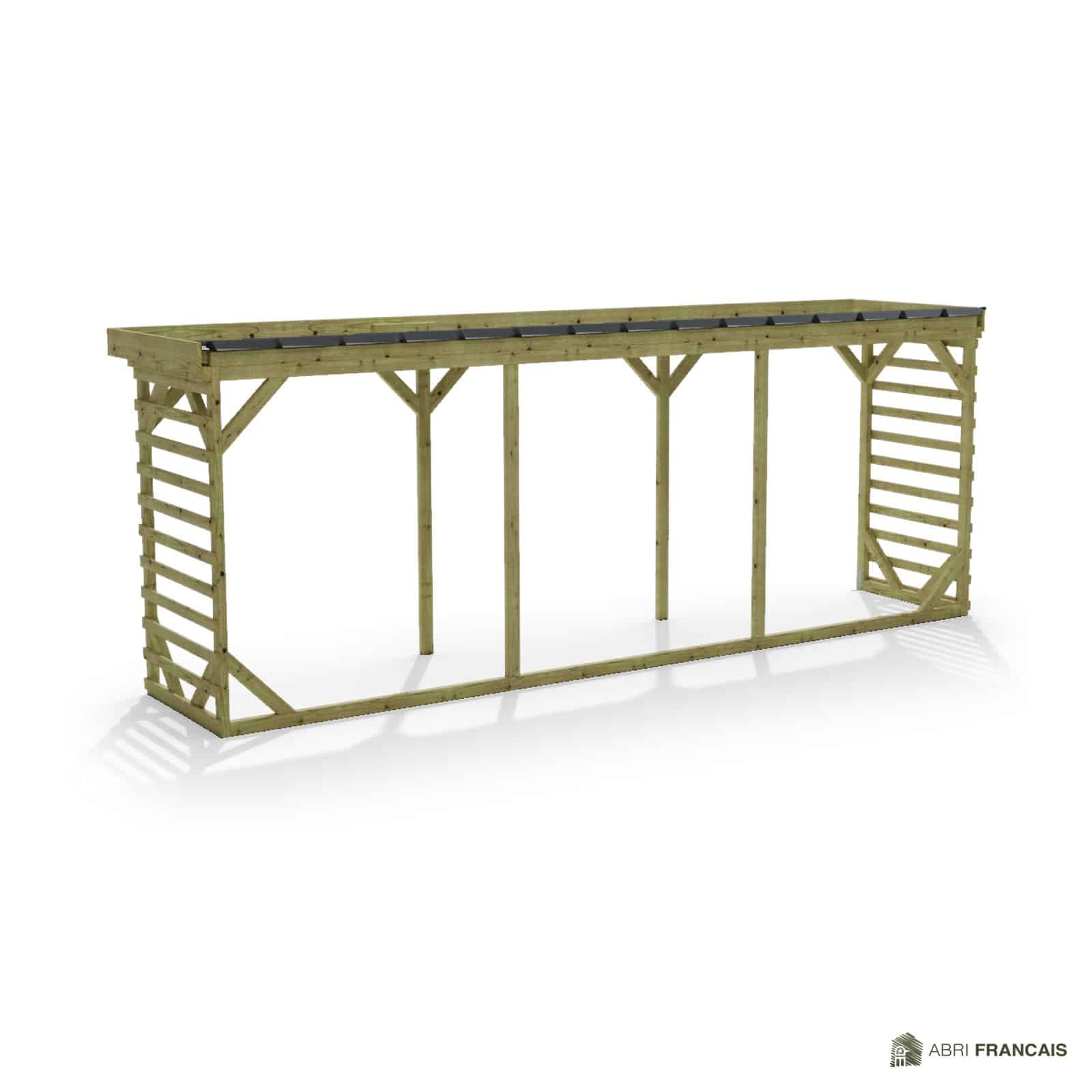 Abri à bûches 5 m × 1,30 m, adossé – vue arrière, fond et côtés