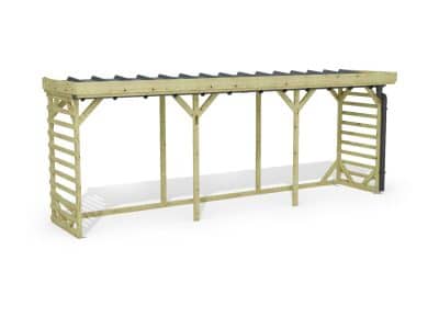 Abri à bûches 5 m × 1,30 m, adossé, avec gouttière – rendu 3D sur fond blanc