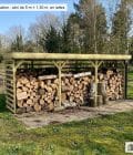 Abri à bûches 5 m × 1,30 m, adossé, avec gouttière – mise en situation