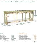 Abri à bûches 5 m × 1,30 m, adossé, avec gouttière – cotes extérieures et intérieures