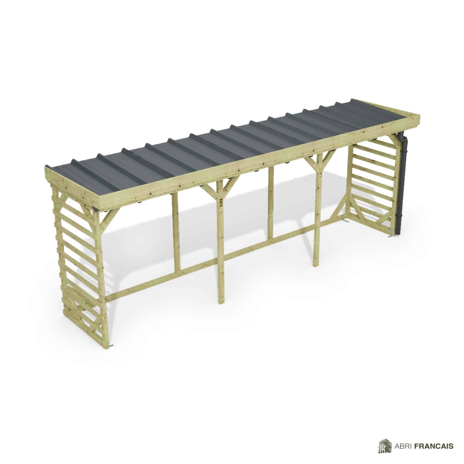 Abri à bûches 5 m × 1,30 m, adossé, avec gouttière – vue du toit en bac acier