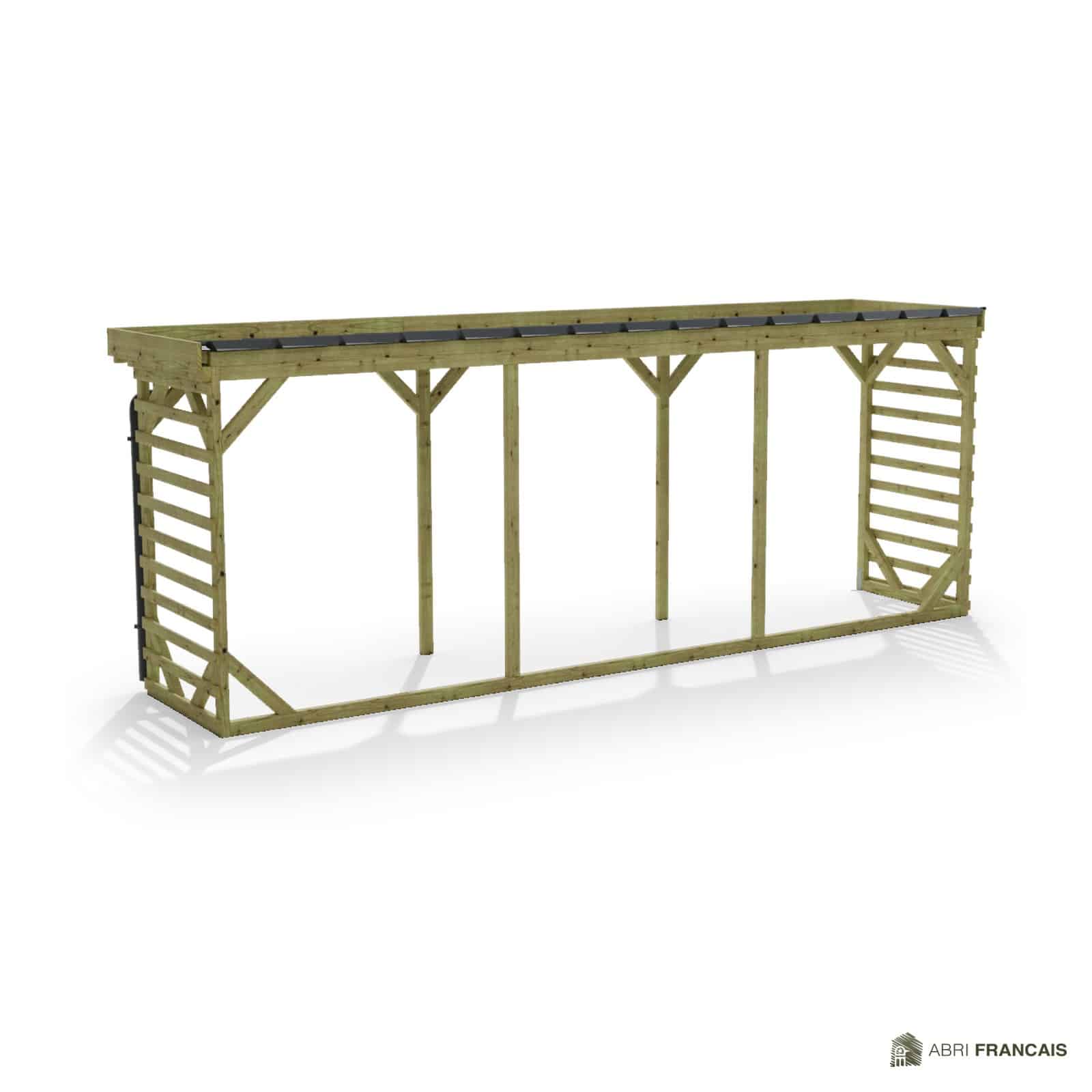 Abri à bûches 5 m × 1,30 m, adossé, avec gouttière – vue arrière, fond et côtés